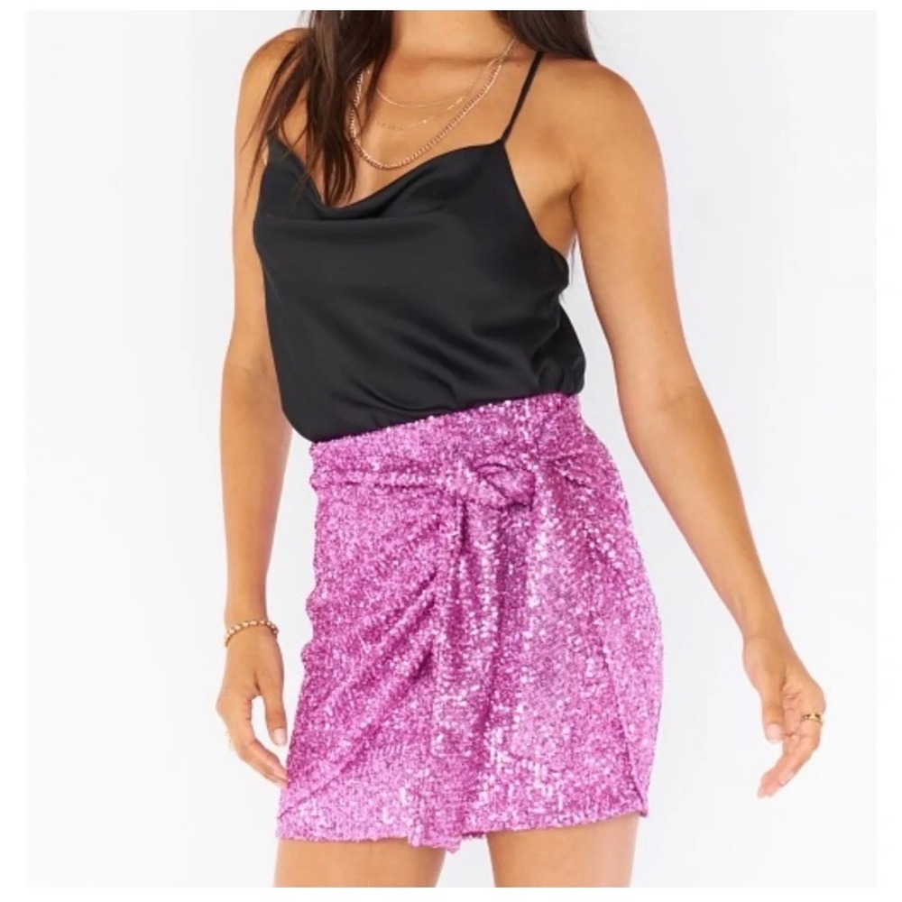 Show Me Your Mumu Why Knot Pink Sequin Mini Skirt Wrap Tie Front Size Medium NWT